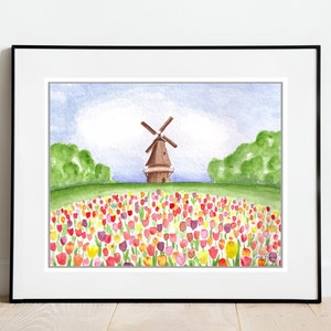 Windmill and Tulips Art Print, Windmill Painting, Watercolor Tulips, Watercolor Painting, Tulip Time, Holland,