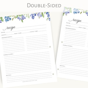 Recipe Binder Filler Paper - Watercolor Blueberry Recipe Binder pages, Full Size Recipe page