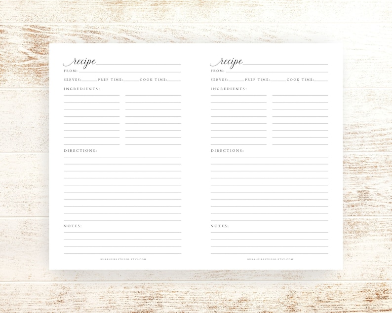 Peut inclure: Un mod&egrave;le de recette imprimable avec deux cartes de recette vierges. Chaque carte comporte des sections pour "De", "Servir", "Temps de pr&eacute;paration", "Temps de cuisson", "Ingr&eacute;dients", "Instructions" et "Remarques".