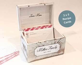 Mini Personalized rustic wood recipe box with watercolor dividers and recipe cards | Holds 3x5 Recipe Cards. Personalized recipe box.