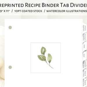 Watercolor Greenery recipe tab dividers | Pre-printed recipe tab dividers minimalist greenery