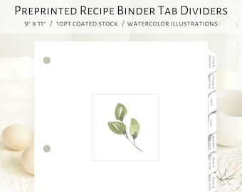 Watercolor Greenery recipe tab dividers | Pre-printed recipe tab dividers minimalist greenery