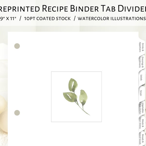 Watercolor Greenery recipe tab dividers | Pre-printed recipe tab dividers minimalist greenery