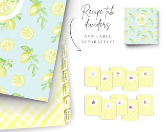 May include: Lemon-themed recipe dividers for a recipe binder. The dividers have a yellow and white gingham pattern and feature various lemon-themed illustrations. The text "Recipe tab dividers" and "AVAILABLE SEPARATELY!" is written in black cursive.