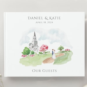 Wedding Guest Book - Personalized | 10.9&quot; x 8.75&quot; with .5&quot; spine, hardcover guest book with personalized title and watercolor illustration