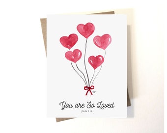 BIRTHDAY CARD NOTE card "You are so loved John 3:16" watercolor love letter, love note card, friend birthday card, watercolor heart balloons