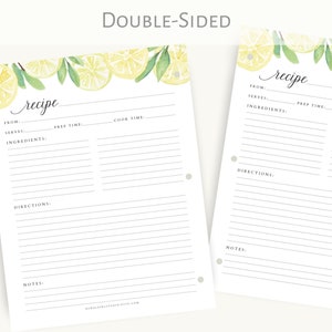May include: Double-sided printable recipe card with a lemon watercolour design. The card has sections for "From", "Serves", "Prep Time", "Cook Time", "Ingredients", "Directions", and "Notes".