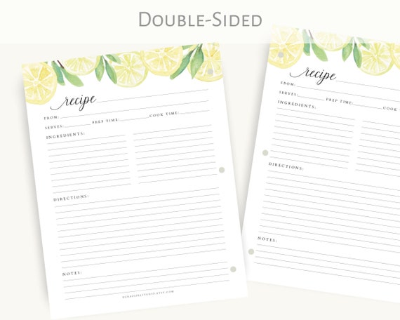 Recipe Binder Filler Paper - Watercolor Lemons Recipe Binder Pages, Full  Size Recipe Page or Half Size Recipe Page - Etsy