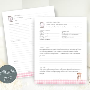 Editable Recipe Template, Printable Recipe Template, Recipe Binder Printable, Recipe page 8.5 x 11 PDF