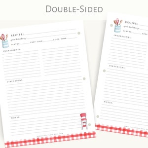 May include: Double-sided printable recipe card template with a watercolor illustration of kitchen utensils in a jar. The card has sections for recipe title, ingredients, directions, notes, prep time, and cook time.