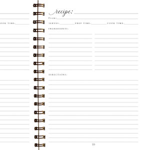 May include: A white recipe journal with a spiral binding. The journal has lined pages for recording recipes, with prompts for ingredients and directions. The word "recipe" is written in cursive at the top of the page. The number 10 is at the bottom.