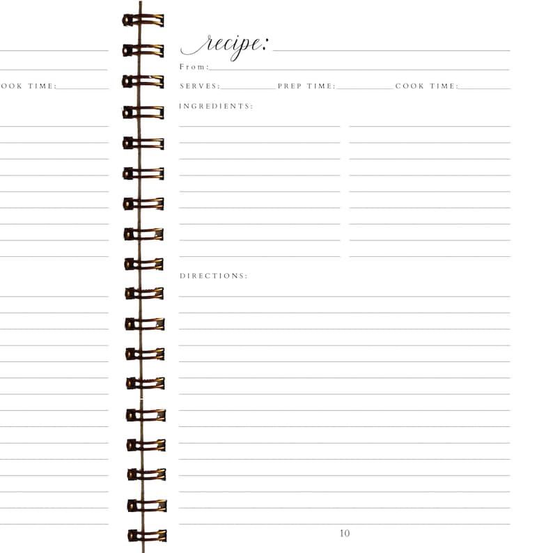 May include: A white recipe journal with a spiral binding. The journal has lined pages for recording recipes, with prompts for ingredients and directions. The word "recipe" is written in cursive at the top of the page. The number 10 is at the bottom.