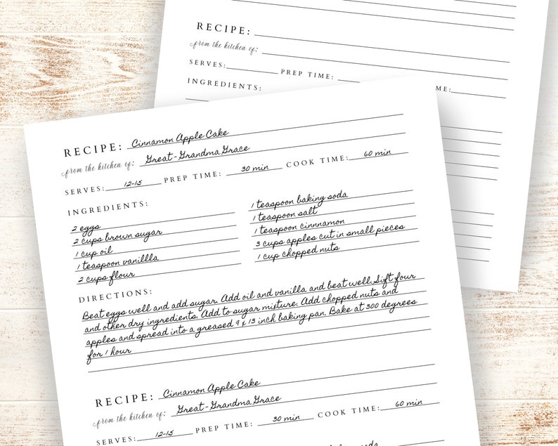 Two Recipe Format DOUBLE Recipe-minimalist Editable Recipe Template, Printable Recipe ...