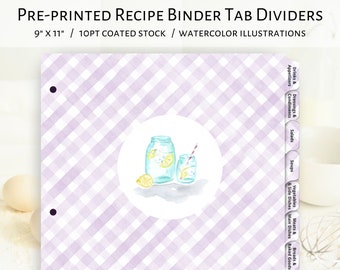 Lavender gingham recipe binder tab dividers, retro recipe binder tab inserts - Lavender