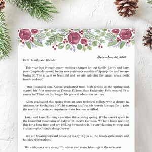 May include: A handwritten letter with a festive holiday border featuring red and green floral designs. The letter is dated December 25, 2020 and includes a personal message about family news and holiday greetings.