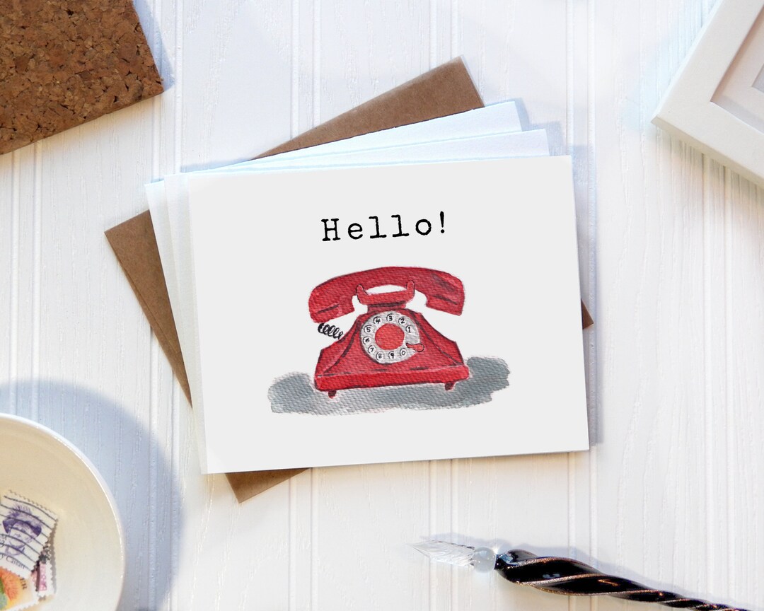 Hello Note Card RED TELEPHONE HELLO Note Card Set, Watercolor Telephone, Hello Cards ...