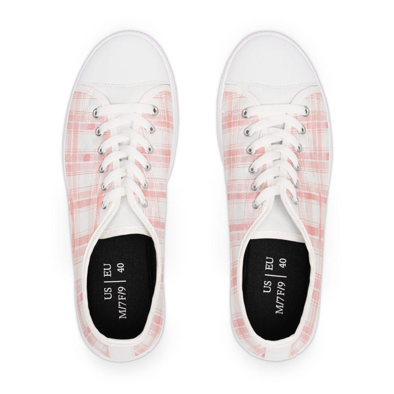 Roze geruite sneakers, aquarel ontwerp damesschoenen, schattige lage sneakers, Casual schoenen, stijlvolle atletische sneakers, roze geruit afbeelding 7