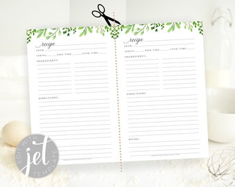 Half-Size Editable Recipe Template, Printable Recipe Template, Mini Binder Printable - greenery