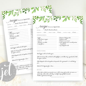 May include: Two recipe cards with a watercolor floral design. The recipes are for Cinnamon Apple Cake, with ingredients and instructions. The cards have the text "EDIT WITH JET TEMPLATE".