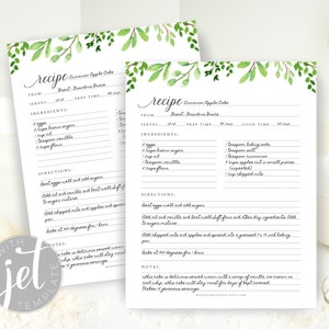 Watercolor Greenery Editable Recipe Template, Printable Recipe Template, Recipe Binder Printable, Recipe page 8.5 x 11