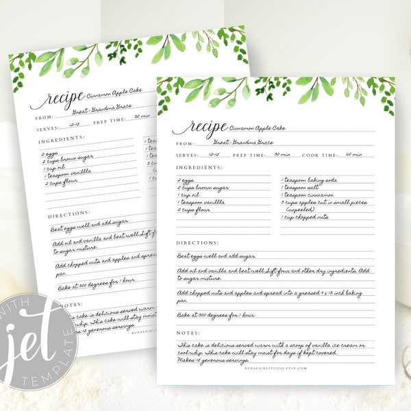 Watercolor Greenery Editable Recipe Template, Printable Recipe Template, Recipe Binder Printable, Recipe page 8.5 x 11