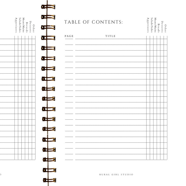 May include: A white spiral-bound notebook with a "Table of Contents" page. The page includes sections for page numbers and titles, with columns for "Other," "Desserts," "Breads," "Meats/Mains," "Salads/Sides," and "Appetizers."