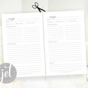 Half-Size Editable Recipe Template, Printable Recipe Template, Mini Binder Printable - Minimalist