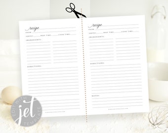 Half-Size Editable Recipe Template, Printable Recipe Template, Mini Binder Printable - Minimalist