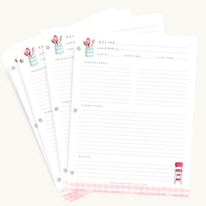 May include: Four white recipe cards with a pink and white gingham pattern at the bottom. Each card has a watercolor illustration of kitchen utensils in a blue and white container. The cards have lines for writing down recipes, ingredients, directions, prep time, cook time, and notes.