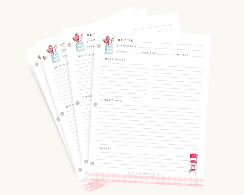 May include: Four white recipe cards with a pink and white gingham pattern at the bottom. Each card has a watercolor illustration of kitchen utensils in a blue and white container. The cards have lines for writing down recipes, ingredients, directions, prep time, cook time, and notes.