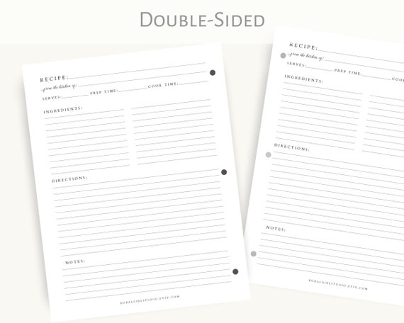 Recipe Binder Filler Paper - Minimalist plain, Recipe Binder pages, Full Size Recipe page or half size recipe page