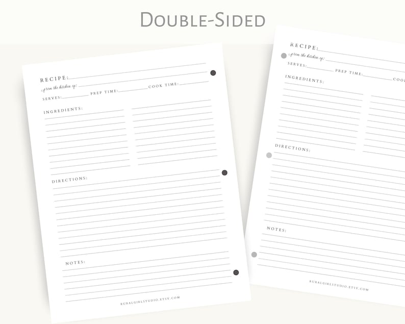 May include: A printable recipe template with two pages. The template has sections for the recipe name, serves, prep time, cook time, ingredients, directions, and notes. The text "DOUBLE-SIDED" is printed at the top of the page.