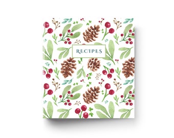 Winter Greenery and Pine Cone Recipe binder 8.5 x 11 leafy 3 ring binder | Kitchen Recipe Binder | watercolor holiday recipe binder