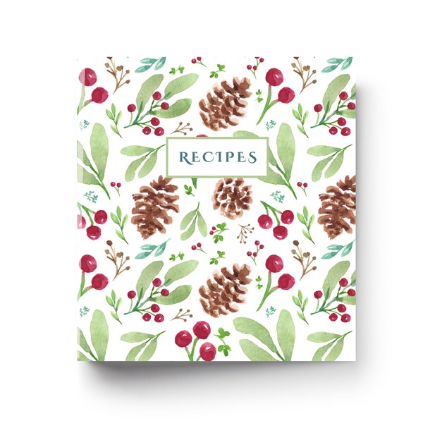 Winter Greenery and Pine Cone Recipe binder 8.5 x 11 leafy 3 ring binder | Kitchen Recipe Binder | watercolor holiday recipe binder