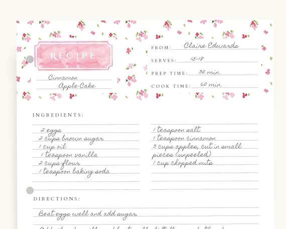 Recipe Binder Filler Paper Recipe Binder pages, Full Size Recipe page,  3 ring recipe paper