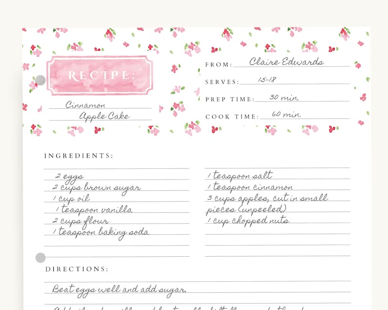 Recipe Binder Filler Paper Recipe Binder pages, Full Size Recipe page, 3 ring recipe paper bild 1