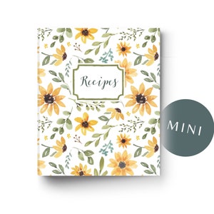 MINI Yellow floral Recipe binder, mini 3 ring recipe binder, Half-size recipe binder with sunflower design.