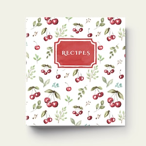 May include: A white recipe book cover with a red watercolour frame that says "RECIPES" and a pattern of red cherries and green leaves.