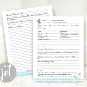 May include: Printable recipe card with a blue and white gingham border. The recipe is for Cinnamon Apple Cake and includes a list of ingredients and directions. The card features a watercolor illustration of a mixing bowl with a whisk and a spoon.