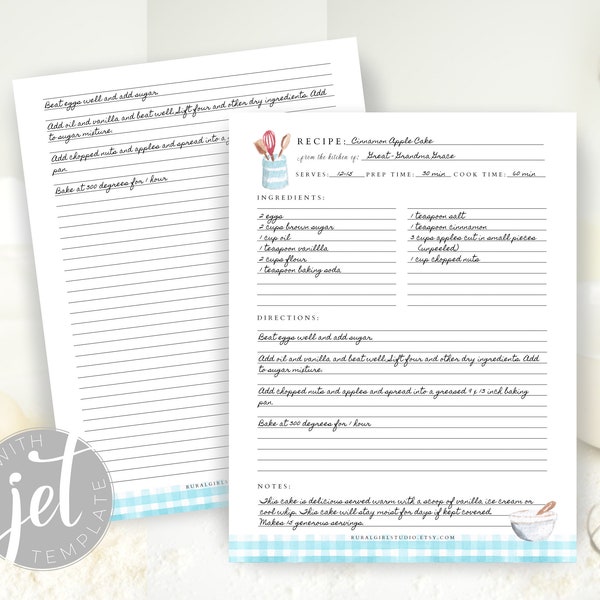 Editable Recipe Template, Printable Recipe Template, Recipe Binder Printable, Recipe page 8.5 x 11