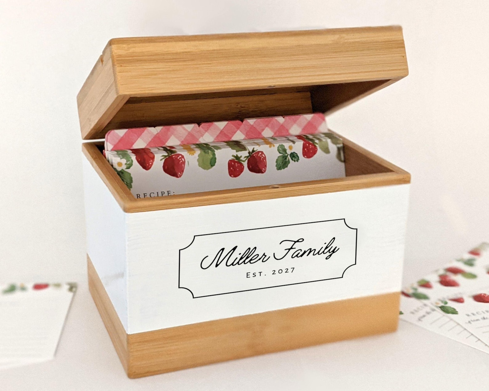 Personalized recipe box with watercolor dividers and recipe cards | Holds 4x6 Recipe Cards.