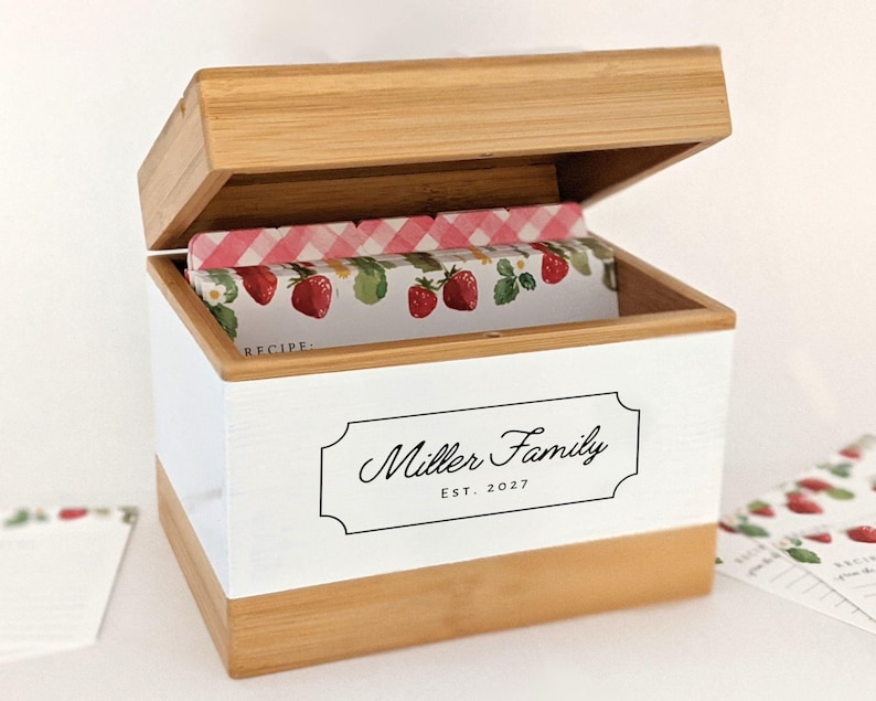 Personalized recipe box with watercolor dividers and recipe cards | Holds 4x6 Recipe Cards.