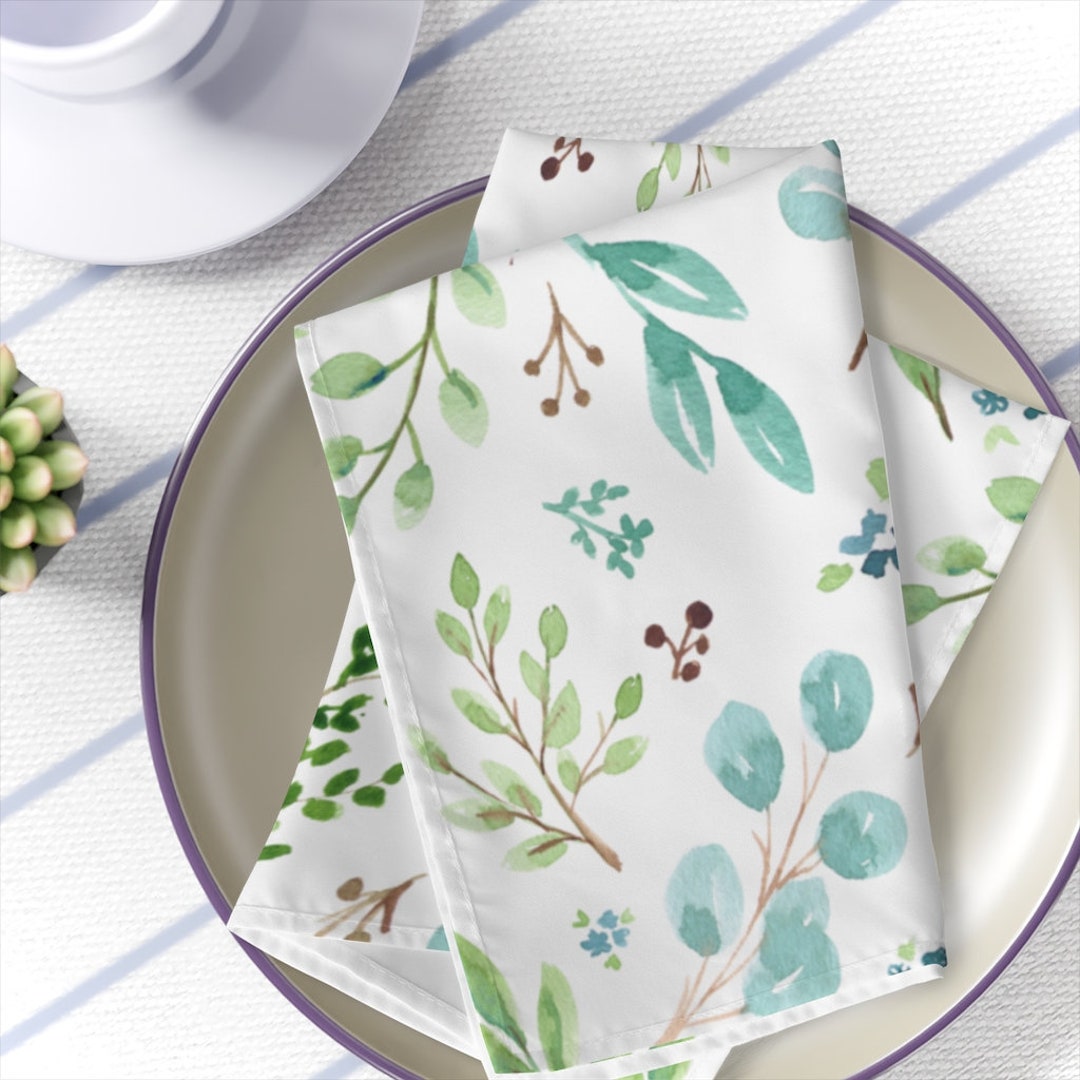 Watercolor Greenery Cloth Napkins, Set of 4 or 2 Napkins, Paperless