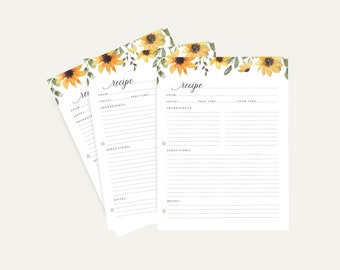 Recipe Binder Filler Paper - yellow floral Recipe Binder pages, Full Size Recipe page or half size recipe page, sunflower recipe paper