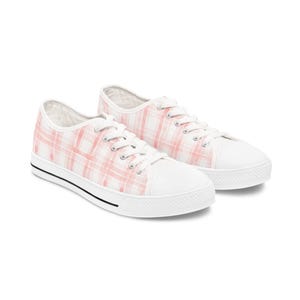 Roze geruite sneakers, aquarel ontwerp damesschoenen, schattige lage sneakers, Casual schoenen, stijlvolle atletische sneakers, roze geruit afbeelding 1