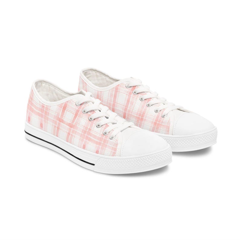 Roze geruite sneakers, aquarel ontwerp damesschoenen, schattige lage sneakers, Casual schoenen, stijlvolle atletische sneakers, roze geruit afbeelding 1
