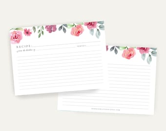 May include: Two rectangular recipe cards featuring a watercolor floral border in shades of pink, red, and green. The cards include printed lines for writing, with the text RECIPE, SERVES, and from the kitchen of, plus RURALGIRLSTUDIO.ETSY.COM.