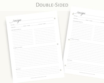 Recipe Binder Filler Paper - Minimalist plain, Recipe Binder pages, Full Size Recipe page or half size recipe page