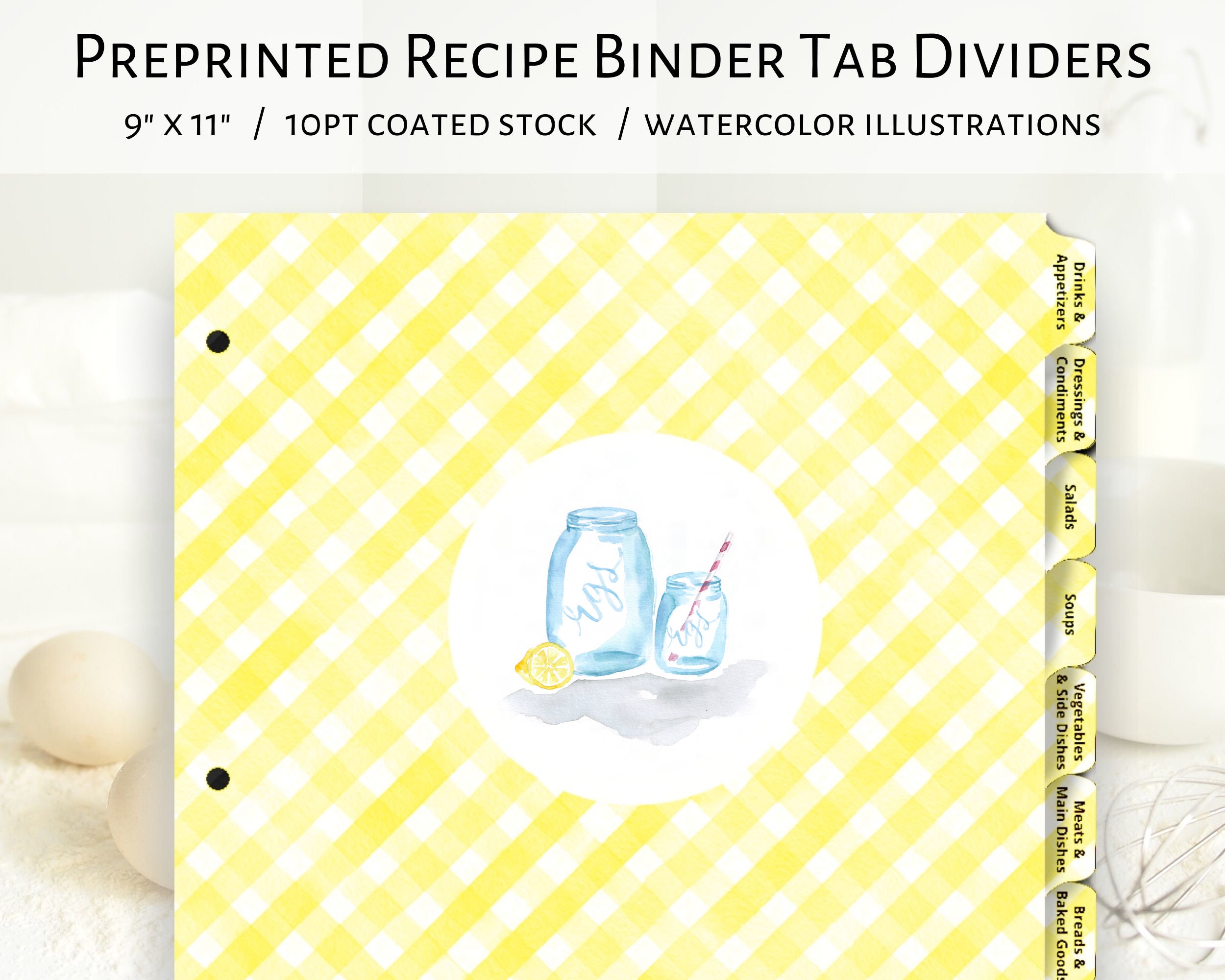 Recipe binder tab dividers, 8.5 x 11 recipe dividers, retro recipe binder tab inserts-YELLOW