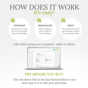 May include: A graphic showing how to use a digital template. The steps are: 1. Purchase, 2. Personalize, 3. Print. The graphic shows a laptop screen with a recipe template open on it. The text "TRY BEFORE YOU BUY!" is at the bottom of the graphic. Visit the demo link in the description below to see how easy it is to edit your purchase.
